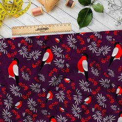 Ткань ниагара снегири с ветками рябины