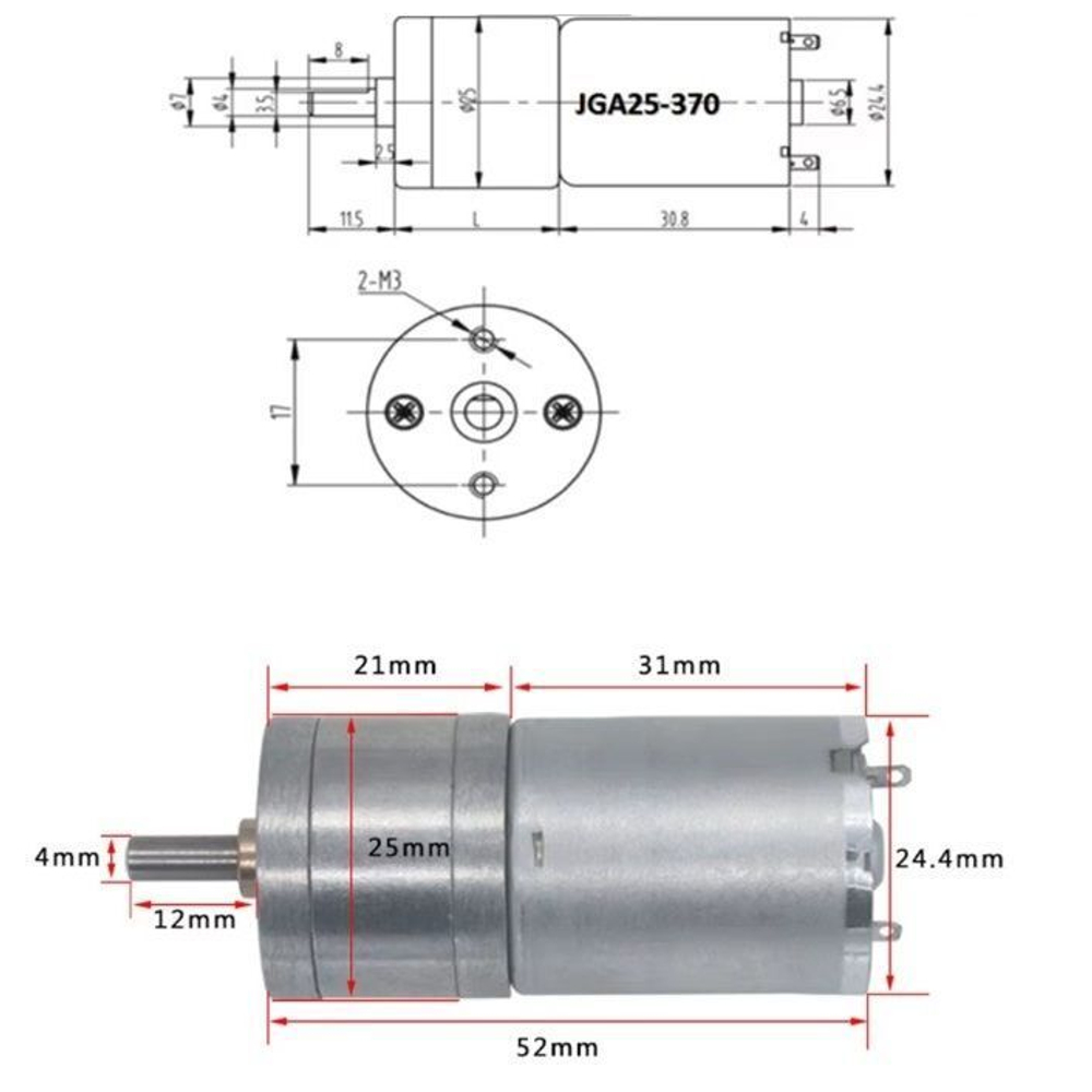 Мотор с редуктором 25 мм JGA25-370 6V 280RPM 4mm вал