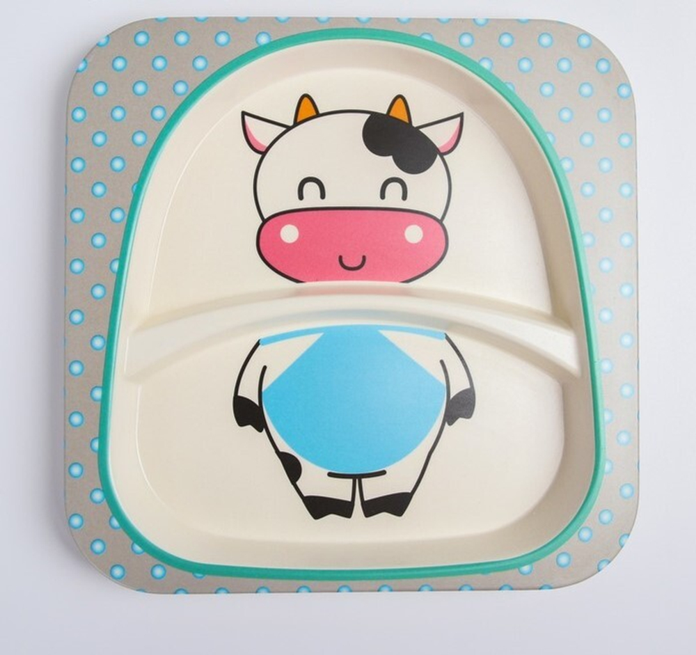 4611371 Набор бамбуковой посуды "Коровка", тарелка, миска, стакан, приборы, 5 предметов