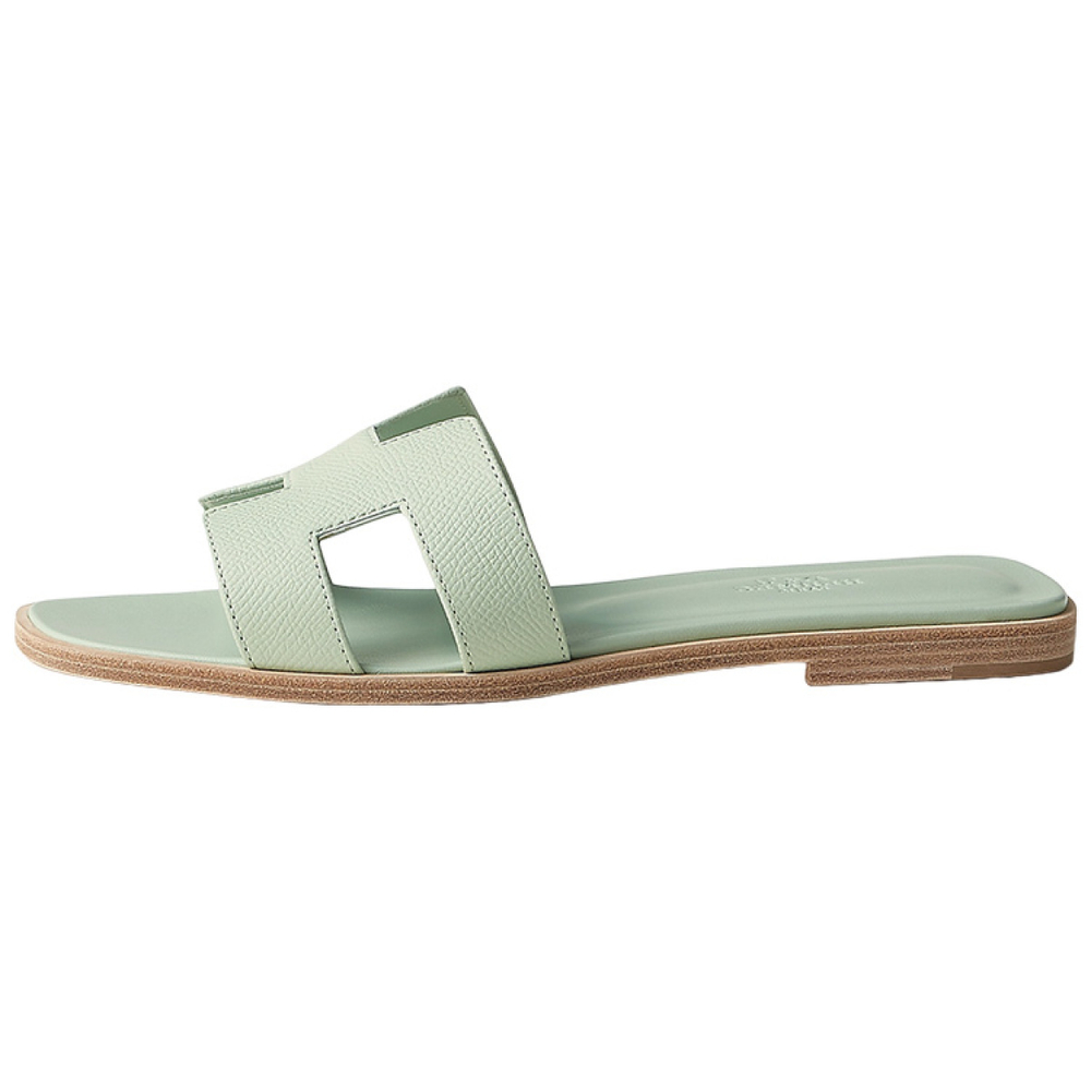 Hermes Oran calfskin one-line flat heel fashion sandals women's green, H202272Z 6C