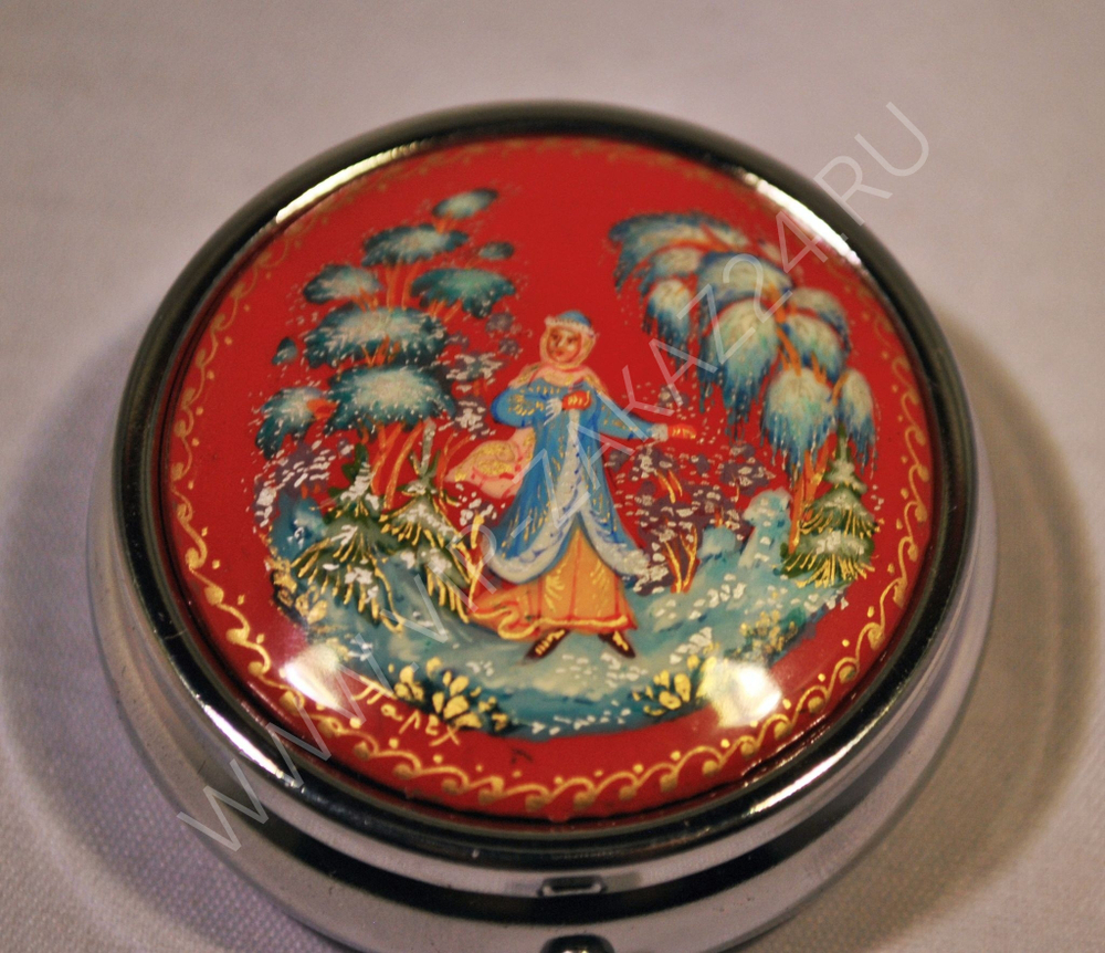 Таблетница с росписью Палех "Снегурочка" на красном (худ. Марова)