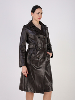 Тренч длинный кожаный с поясом плащ