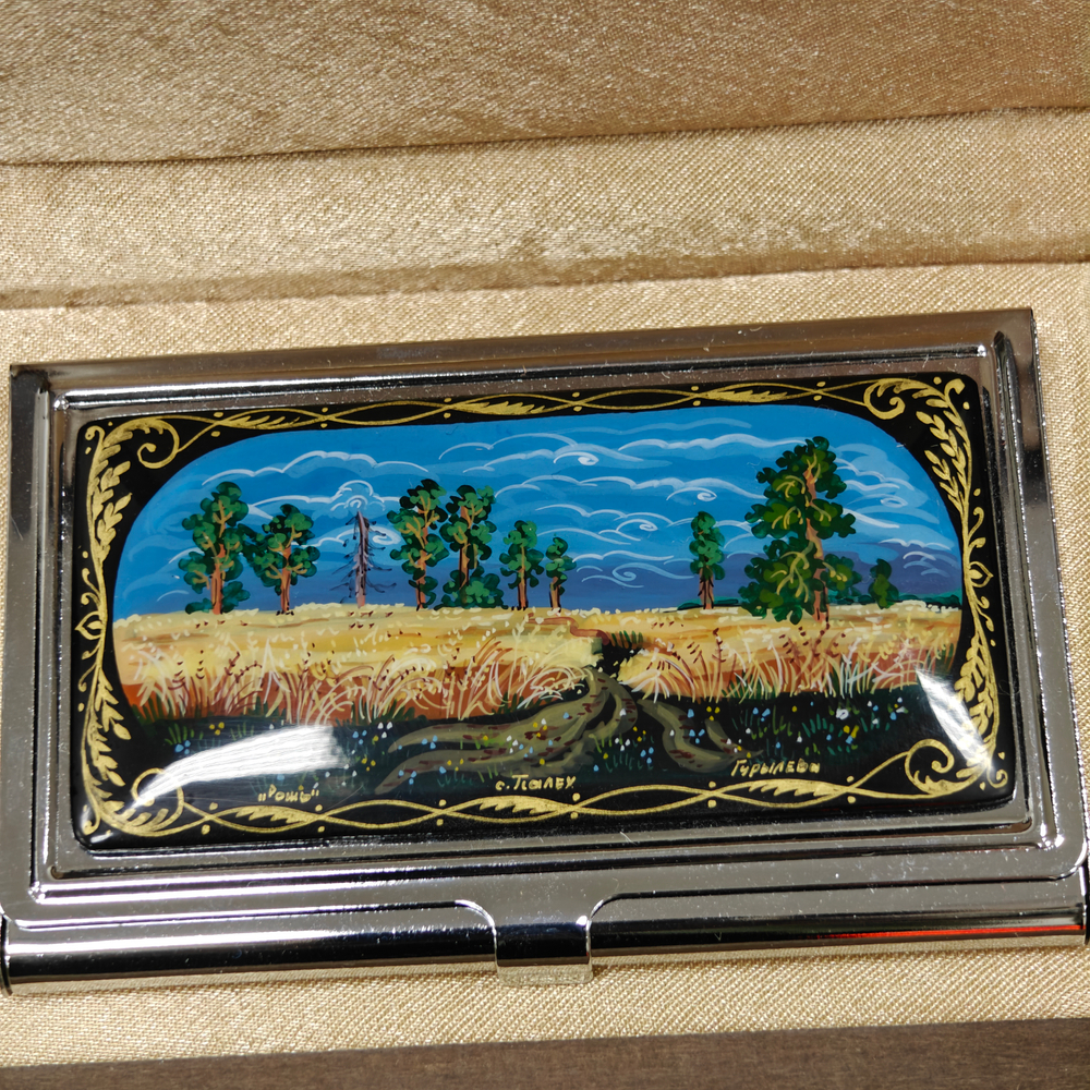 Визитница металлическая персональная "Картина Шишкина" (ручная роспись Палех)
