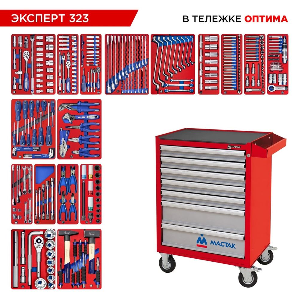 МАСТАК (52-07323R) Набор инструментов "ЭКСПЕРТ" в красной тележке, 323 предмета
