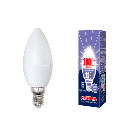 LED-C37-11W-DW-E14-FR-NR Лампа светодиодная. Форма свеча. матовая. Серия Norma. Дневной белый свет 6500K. Картон. ТМ Volpe