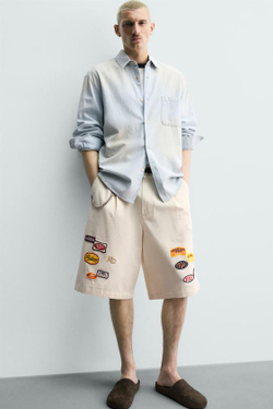 ZARA БЕРМУДЫ BAGGY FIT С НАШИВКАМИ, БЕЖЕВЫЙ
