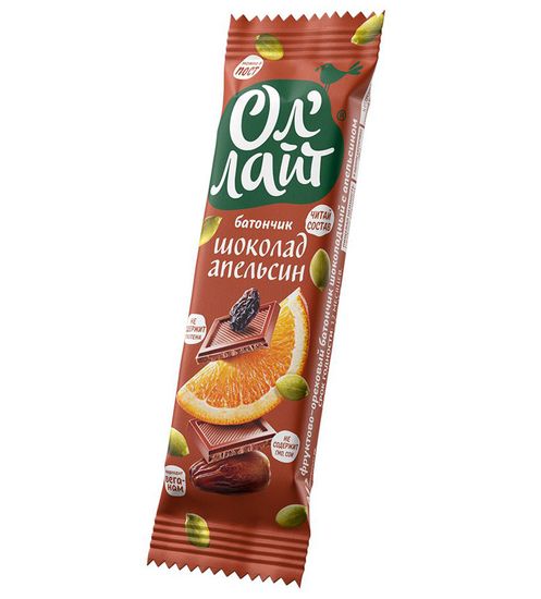 Батончик фруктово-ореховый "Ол`лайт" Шоколадный с апельсином, 30г. (шоубокс 25шт)