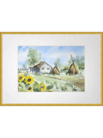 Картина авторская акварельная в паспарту 21х30 см на стену для интерьера "Сельская идиллия"