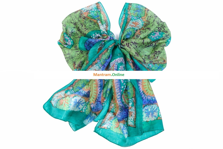 Шарф материал Шелк 100% "Рисунок на кайме" цвет зелено-бирюзовый 45x170 см.