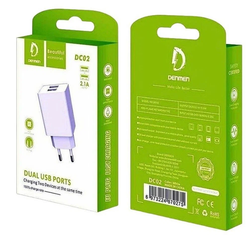 Сетевая зарядка 2-гнезда USB 5В 2.1А 10,5W DENMEN DC02