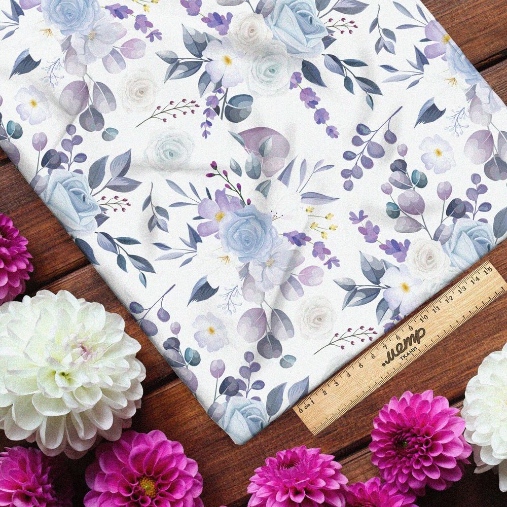 Ткань сатин сиреневый букет на белом фоне