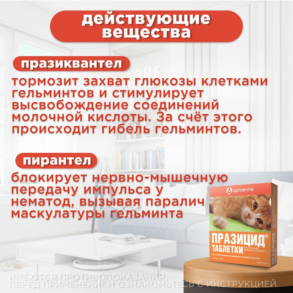 Таблетки от гельминтов для кошек Празицид APICENNA, 6таб. Празиквантел/Пирантел
