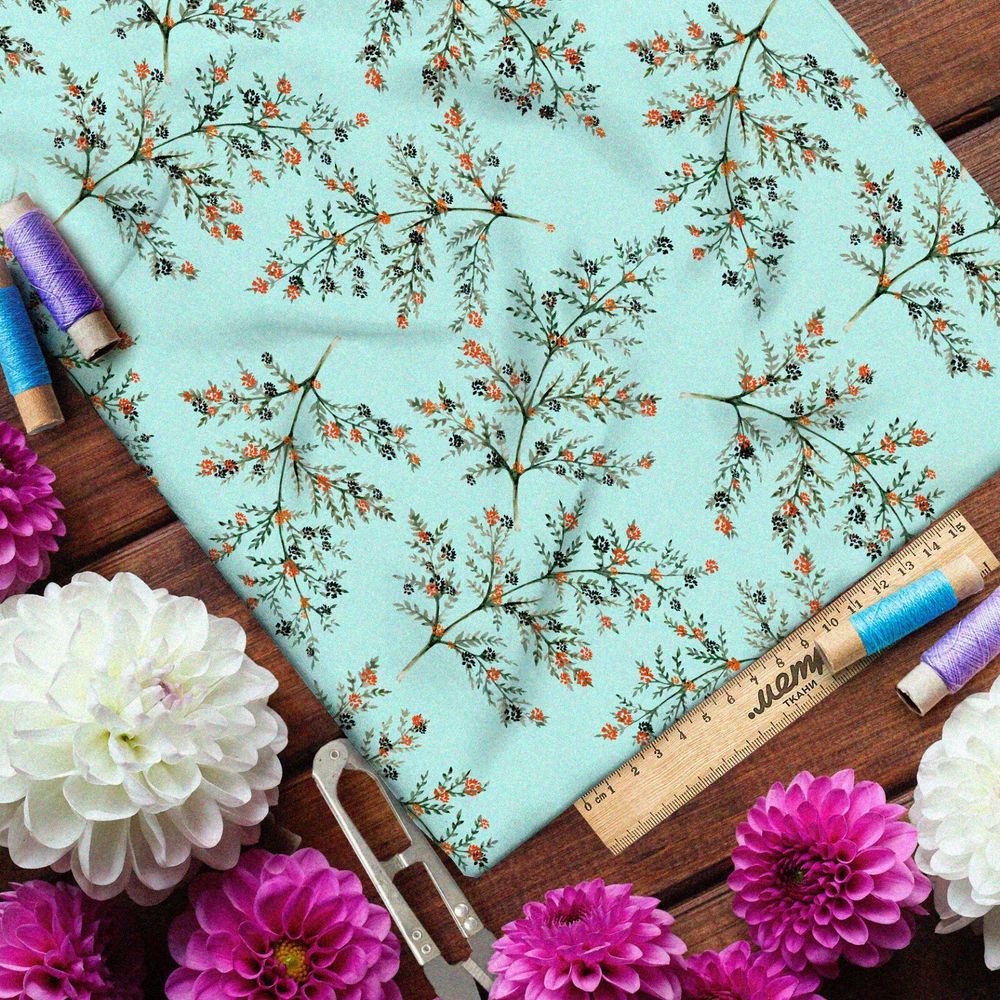 Ткань оксфорд 600 оранжевая рябина на зелёном фоне