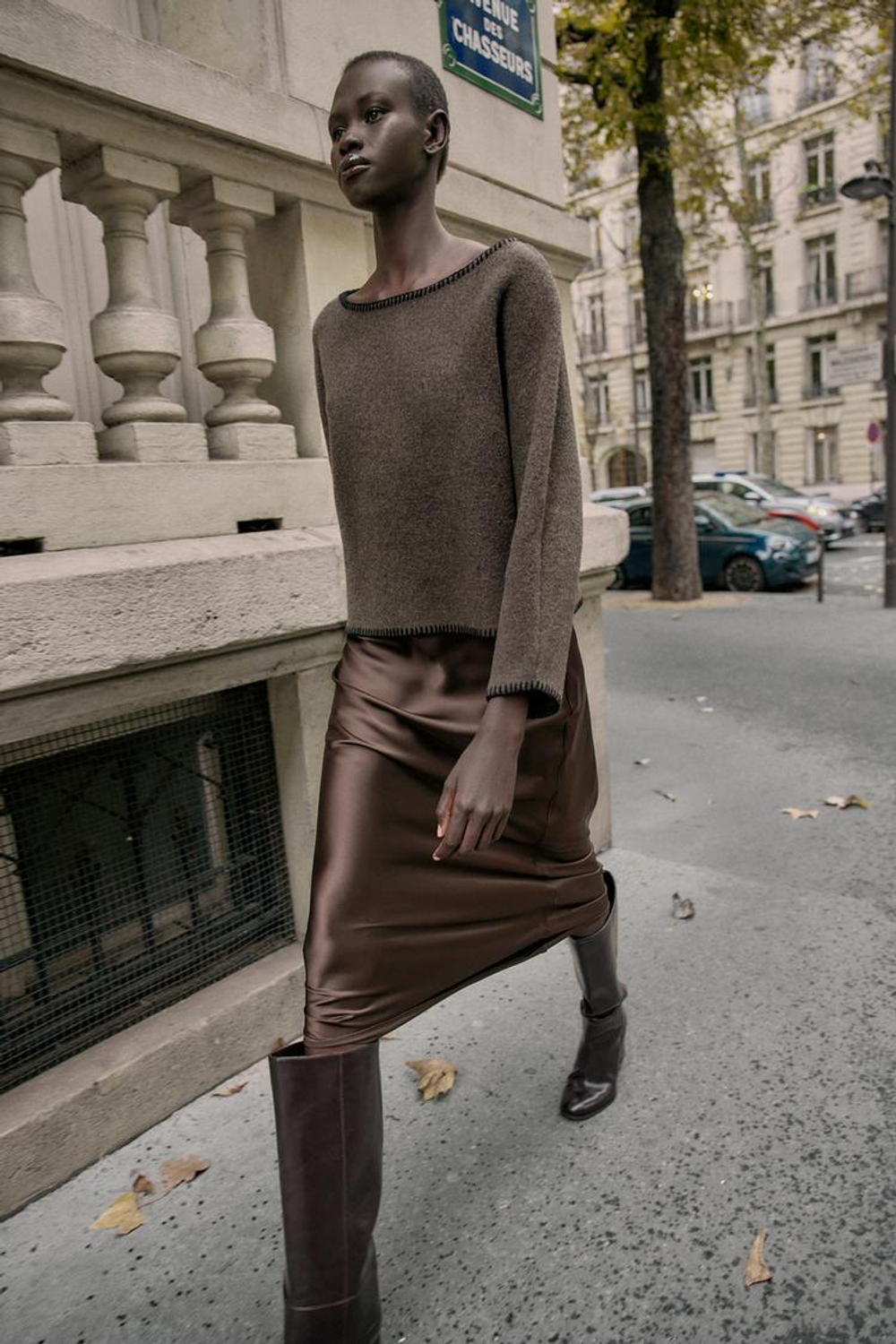 ZARA ДЖЕМПЕР ВЯЗАНЫЙ, КОНТРАСТНАЯ ОТСТРОЧКА, СЕРОВАТО-КОРИЧНЕВЫЙ