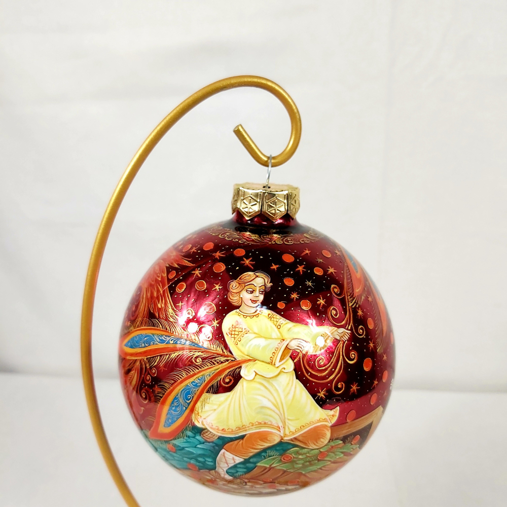 Шар новогодний с полной росписью "Жар-птица" на красном в коробке