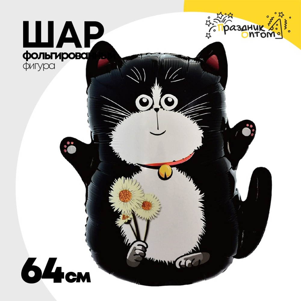 Шар Фольгированный Кот черный с букетом ромашек (Черный)