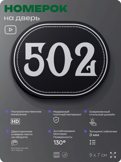 Номерок на дверь квартиры 502, для кабинета, офиса, шильдик 9 х 7 см, черный, Айдентика Технолоджи