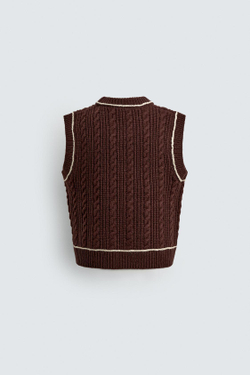 ZARA X DISNEY ТРИКОТАЖНЫЙ ЖИЛЕТ С НАШИВКОЙ PLUTO, КОРИЧНЕВЫЙ