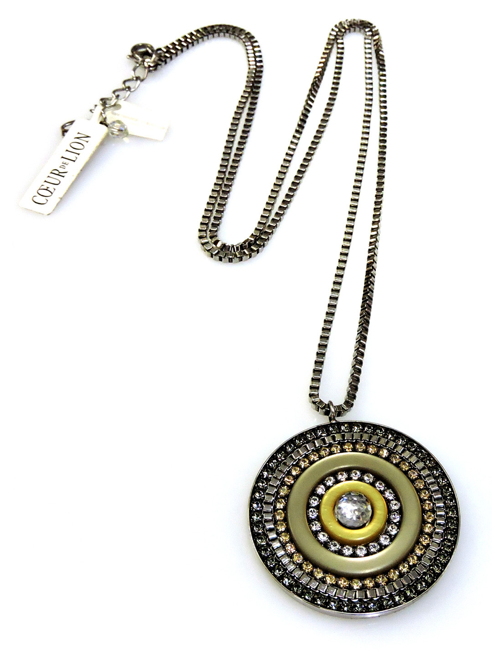 4118 Coeur de Lion длинное колье с крупным кулоном. Металл, полярис цвета тигрового глаза, стразы Сваровски