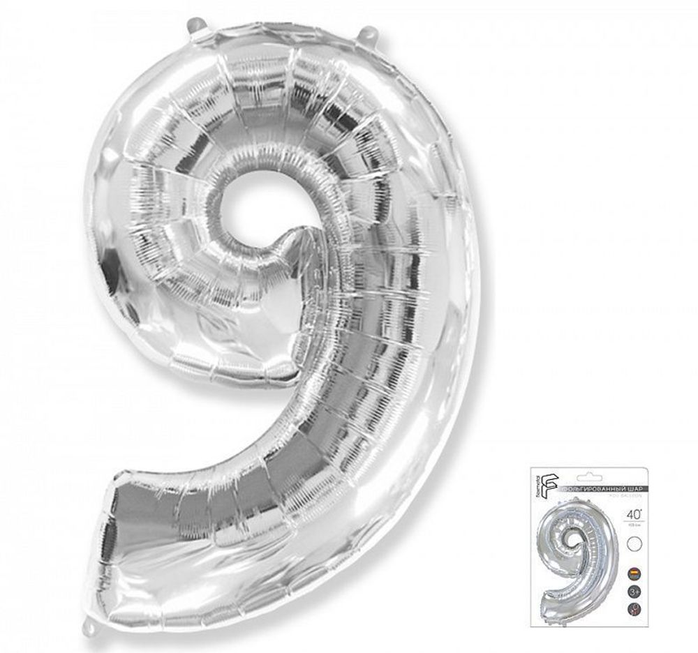 Шар (40"/102 см) Цифра "9" Серебро в упаковке / Nine