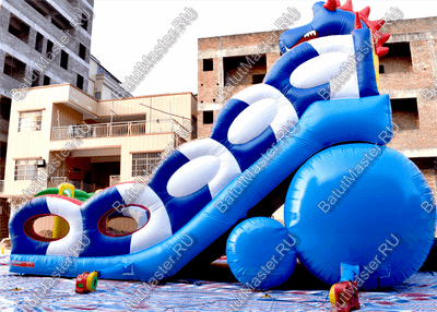 Коммерческий надувной батут-горка "Дракон" 10*5*8 м,без шипов сине-белый