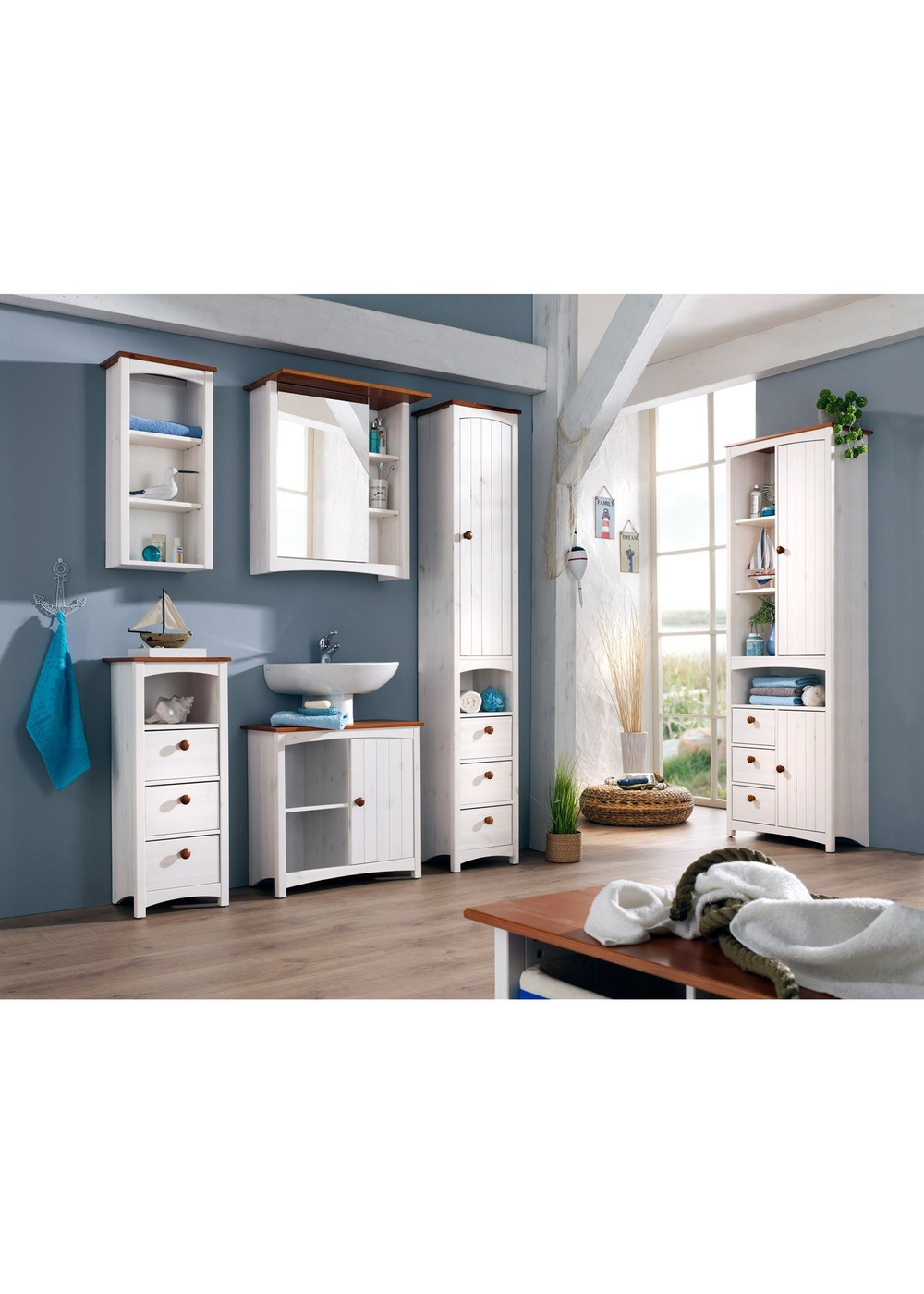 Шкаф пенал для ванной Паула из массива сосны, 2 двери 3 ящика, белый/черри