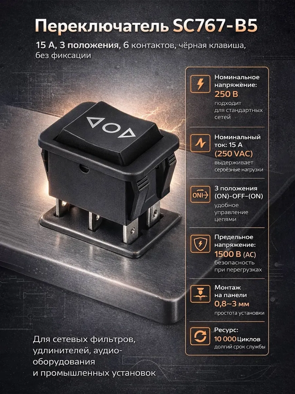 Переключатель широкий SC767-В5 15А 3 положения