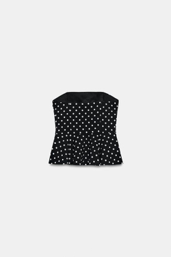 ZARA ТОП С БАСКОЙ И ОТКРЫТЫМИ ПЛЕЧАМИ, ЧЕРНЫЙ/БЕЛЫЙ