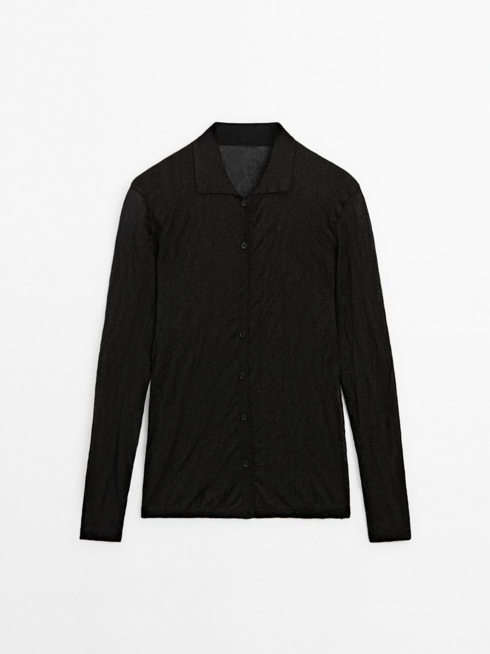 Massimo Dutti Кардиган из жатой ткани с воротником поло, черный