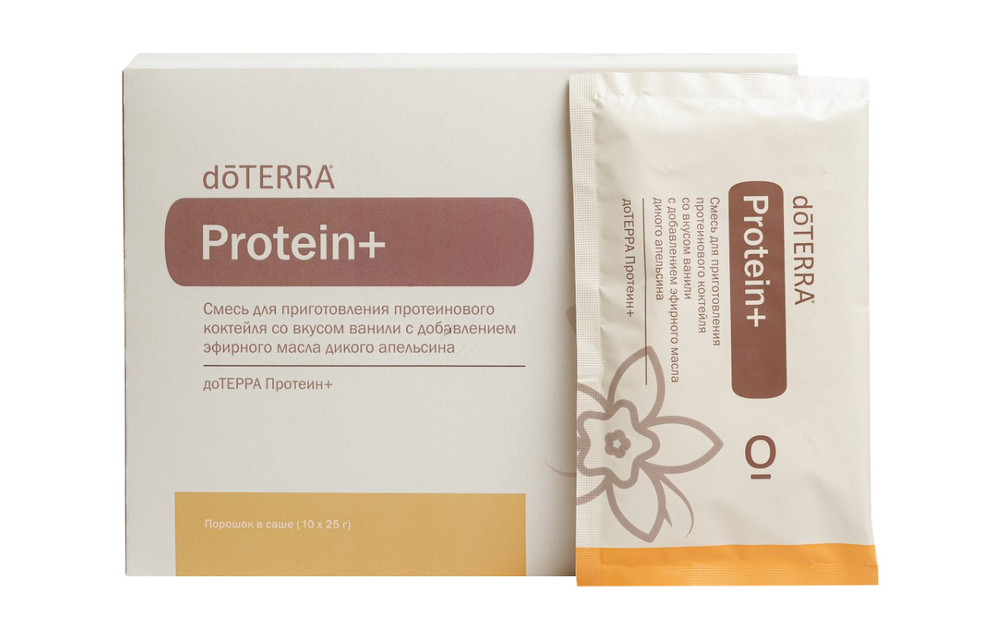 Протеин dōTERRA Protein+ со вкусом ванили с добавлением эфирного масла дикого апельсина, 20x25 г