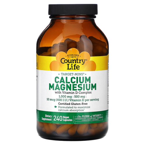 Country Life, Target-Mins, кальций и магний с комплексом витамина D, 240 веганских капсул
