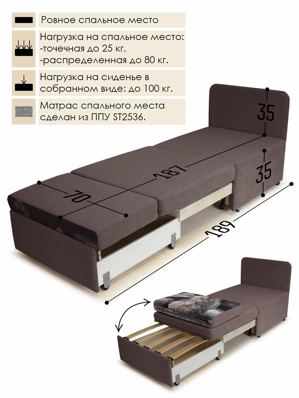 Кресло-кровать "Миник" 70 см, купон Котенок в клубках
