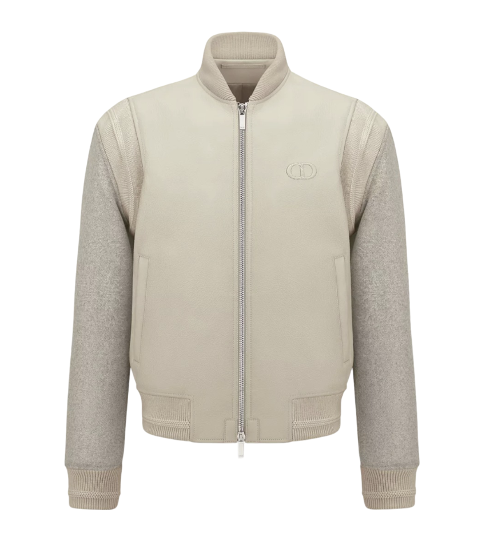 Мужской кожаный жакет Dior Varsity с вышивкой CD Icon, бежевый