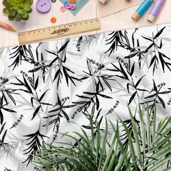 Ткань интерлок тонкая китайская листва на белом фоне