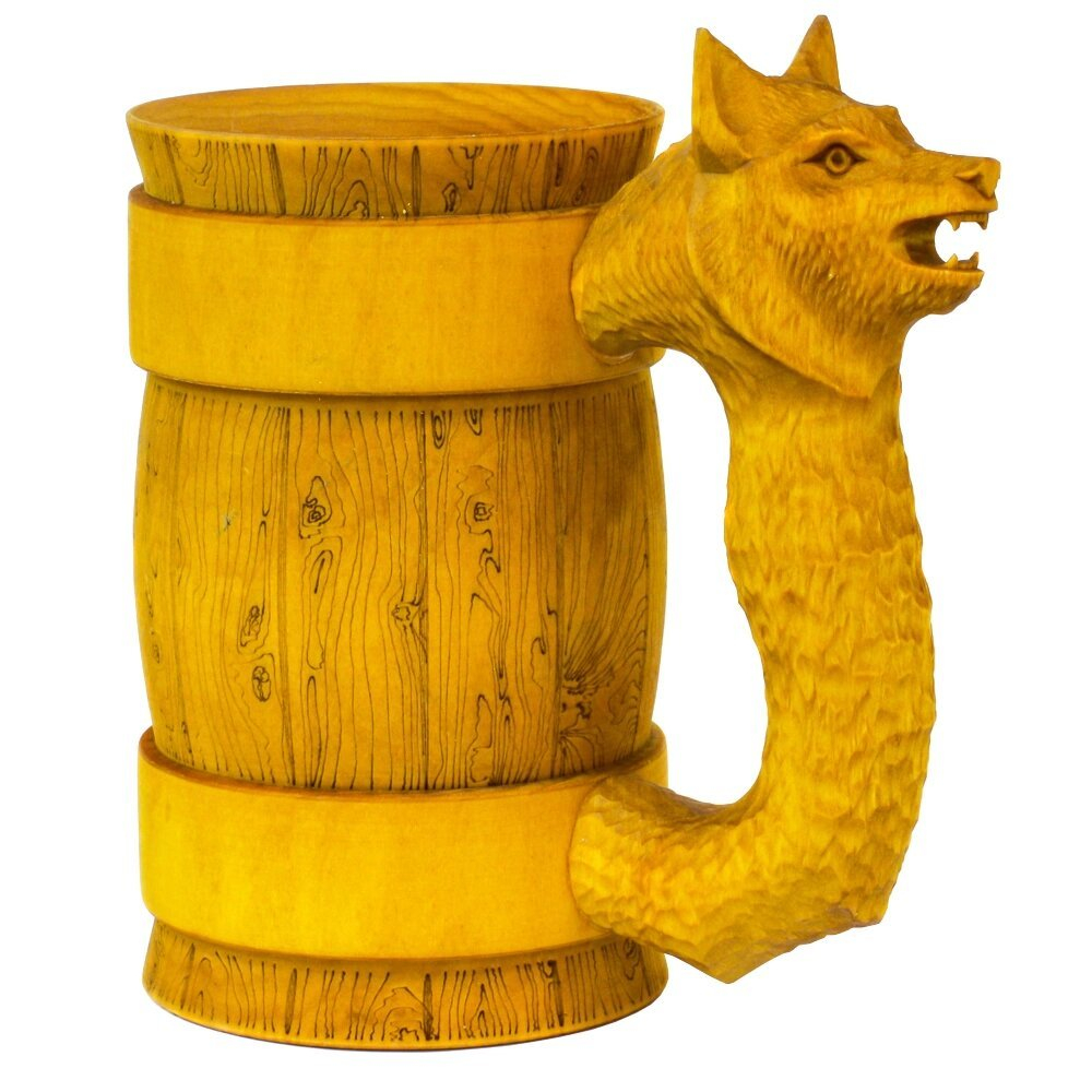 Кружка пивная деревянная WOOD&GOOD Wolf с резной ручкой, 500 мл