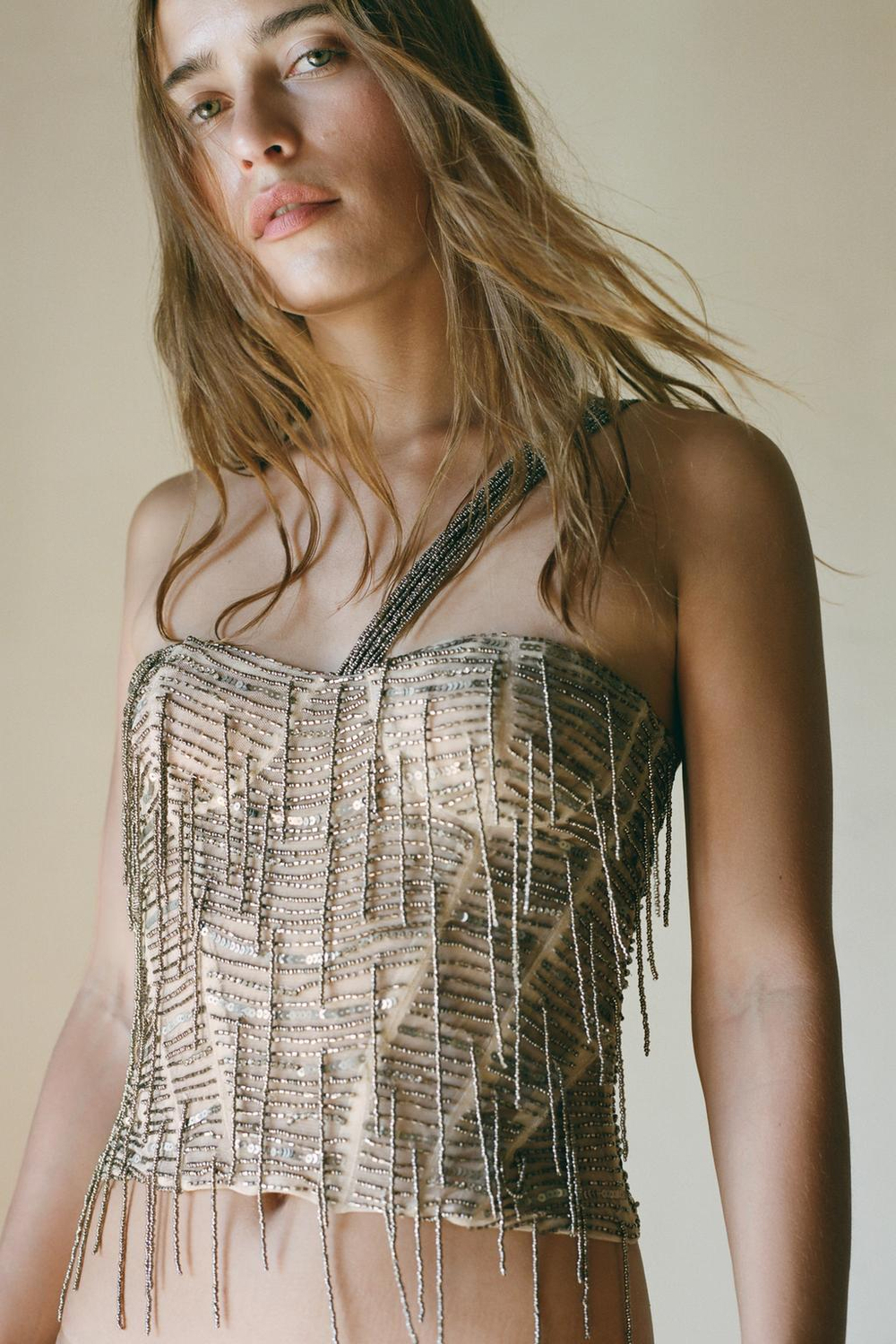 ZARA КОРСЕТ С ПАЙЕТКАМИ И БУСИНАМИ, СЕРЕБРИСТЫЙ