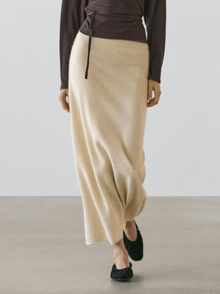Massimo Dutti Вязаная юбка миди из альпаки и шерсти, ванильный