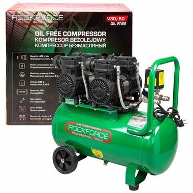 Компрессор поршневой с прямым приводом ,4 цилиндра,безмасляный(ресивер 50л, 2.2 кВт, 8 бар, 420л/м, 230В) RockForce RF-V30/50 OIL FREE