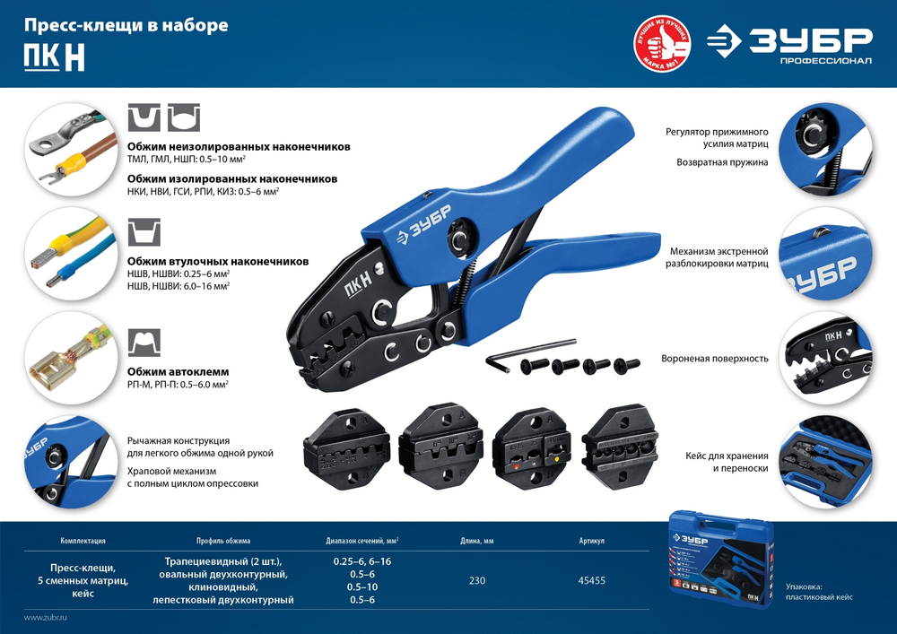 ПК-Н набор пресс-клещи, 5 матриц, в кейсе, ЗУБР Профессионал