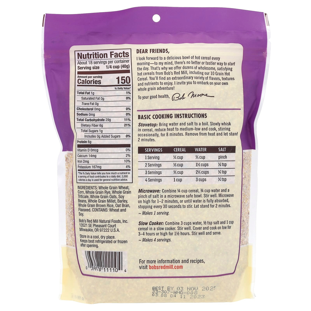 Bob's Red Mill, 10 злаков Hot Cereal, цельнозерновые, 25 унций (709 г)