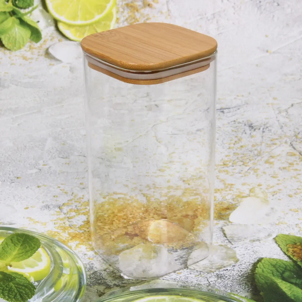 Банка для продуктов стеклянная 1200мл «Хай-Тек» с бамбуковой крышкой, квадратная 10*20см