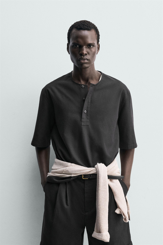 ZARA ФУТБОЛКА ПОЛО ИЗ ЛЬНА, ЧЕРНЫЙ