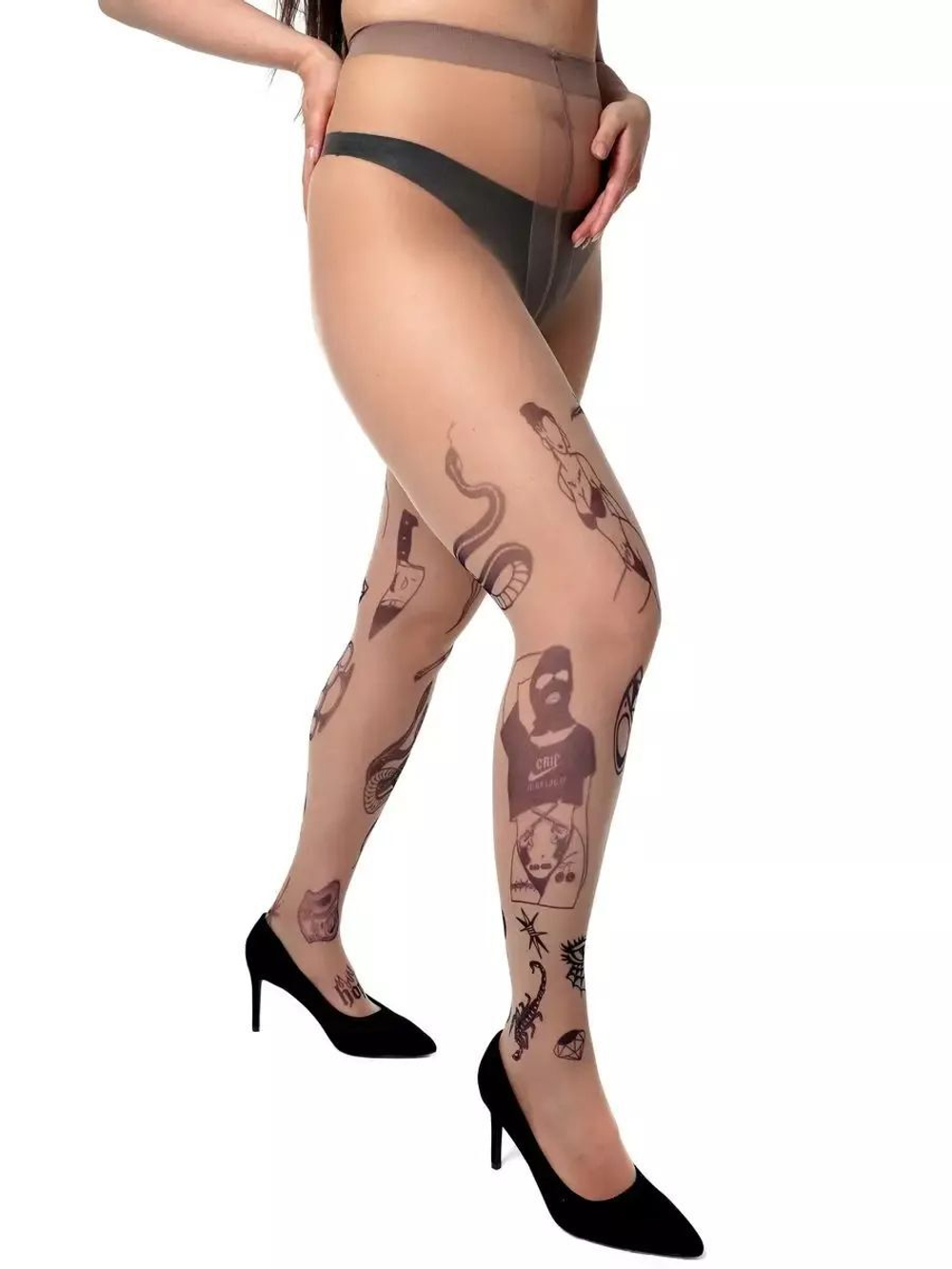 Колготки +size с принтом в виде мини-тату (Размер: XL-XXL-XXXL) (Цвет: бежевый)