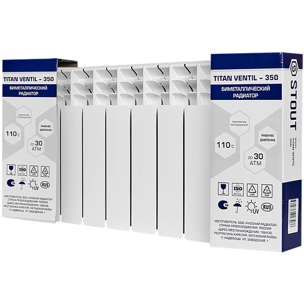 Радиатор биметаллический STOUT TITAN VENTIL 350 - 8 секций (подключение нижнее правое, цвет белый)