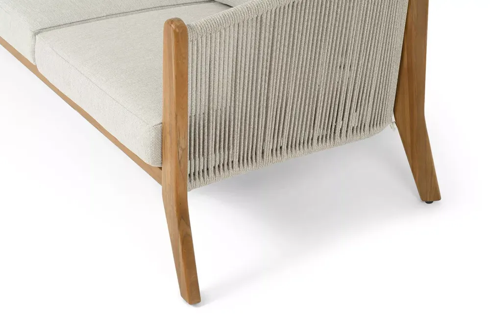 "Сидней" диван 3-местный плетеный из роупа, основание тик, каркас алюминий бежевый, роуп бежевый, ткань бежевая