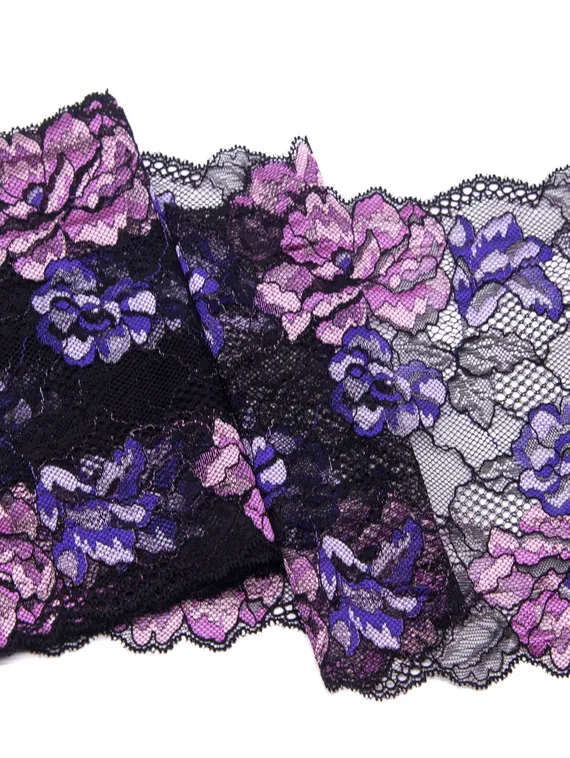 303 Кружево эластичное 19,5 см, Италия, черный/лиловый/фиолет