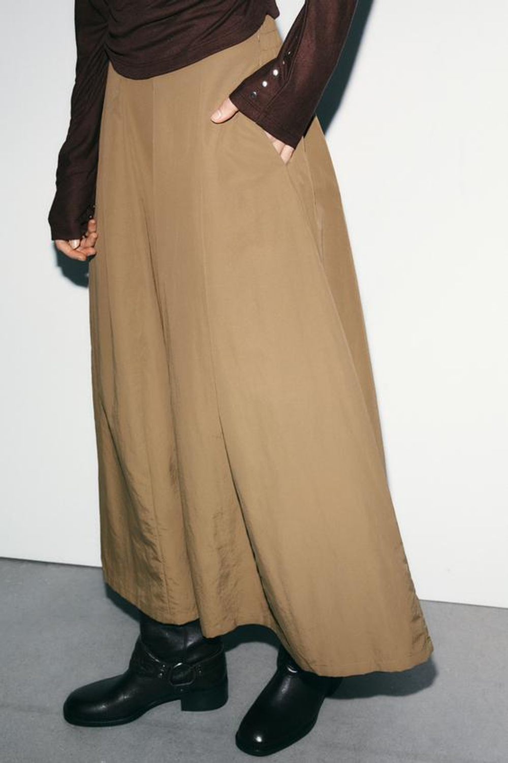 ZARA НЕЙЛОНОВАЯ ЮБКА МИДИ, ТЕМНО-БЕЖЕВЫЙ