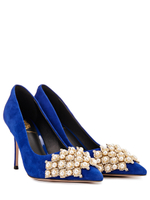 Женские замшевые туфли синие с жемчугом