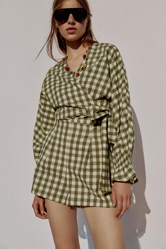 ZARA КУРТКА В КЛЕТКУ ВИШИ С ЗАВЯЗКАМИ, МЯГКИЙ ЗЕЛЕНЫЙ