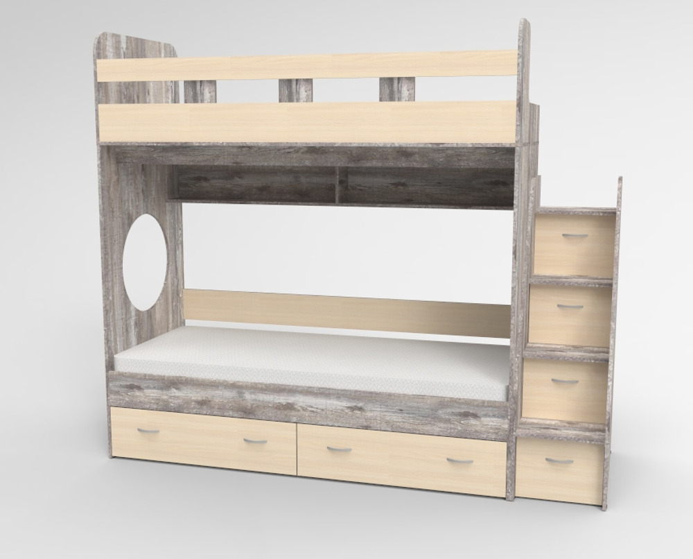 Трехъярусная кровать КарИВи Юниор  Бетон  Дуб Молочный